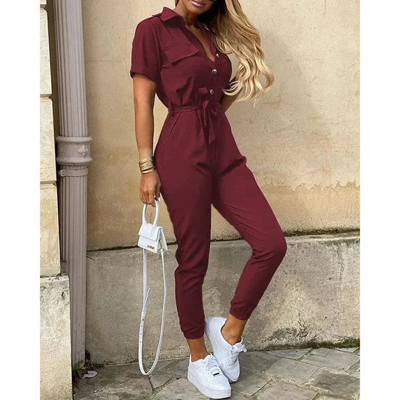 Casual Chic Overalls for Women Lapel Lace-Up Print Belted Work Jumpsuit One-Piece Bodysuit Elegant Long Sleeve Jumpsuit with Stylish Fit