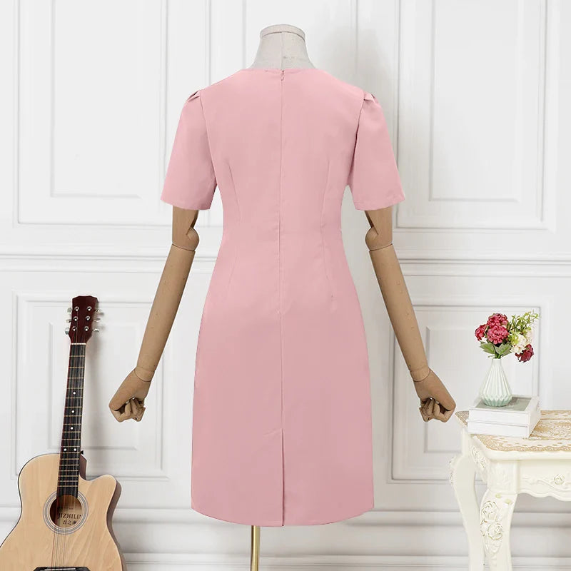 Elegant Women Office Dress V Neck Solid Color Short Sleeve