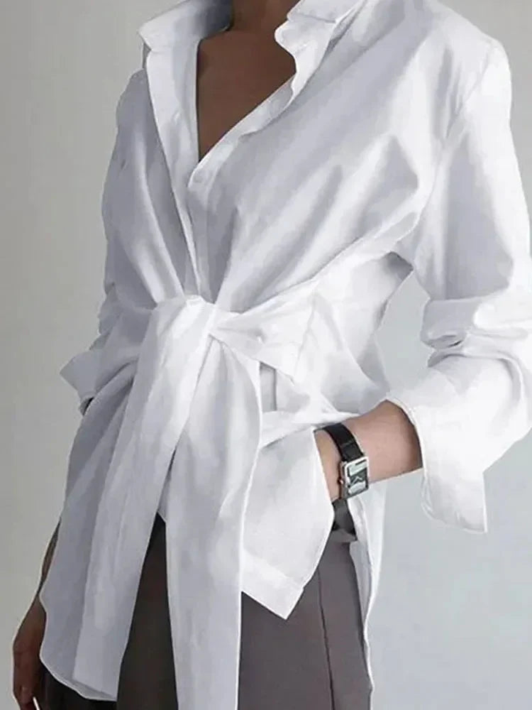 Ruched Long Sleeve Blouse for Women Lace-Up Casual Loose Fit Shirt with Turn-Down Collar Solid Color Elegant Top