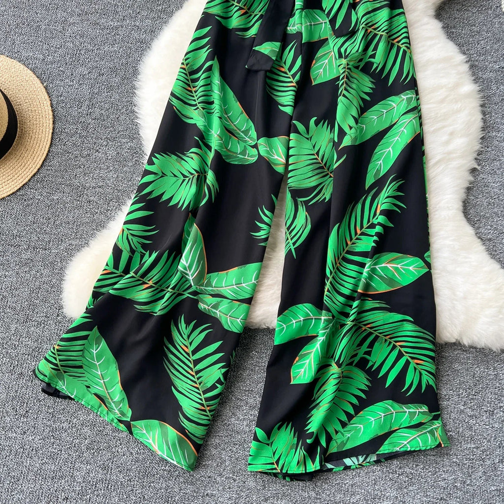 Women's Elegant Suspender Jumpsuit Sexy Printed Casual Hip Waist Overalls Romper