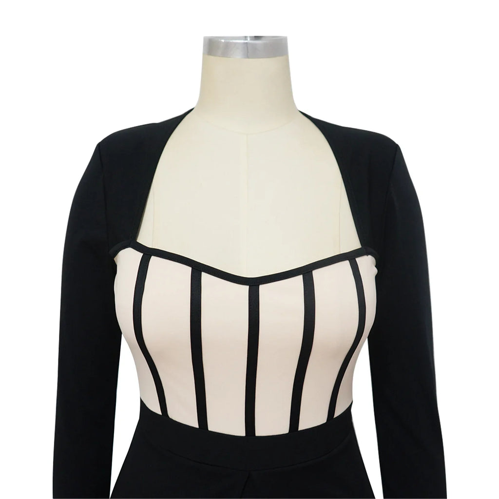 Women Long Sleeve Patchwork Romper Jumpsuit with Waist Cincher Wide-Leg Pants Elegant Office and Party Playsuit