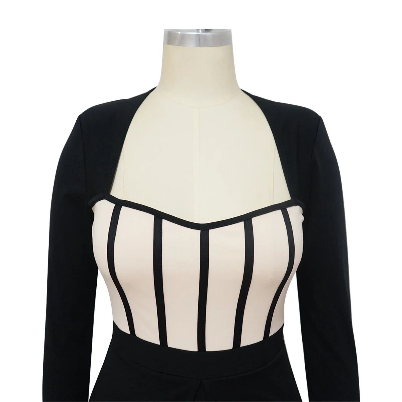 Women Long Sleeve Patchwork Romper Jumpsuit with Waist Cincher Wide-Leg Pants Elegant Office and Party Playsuit