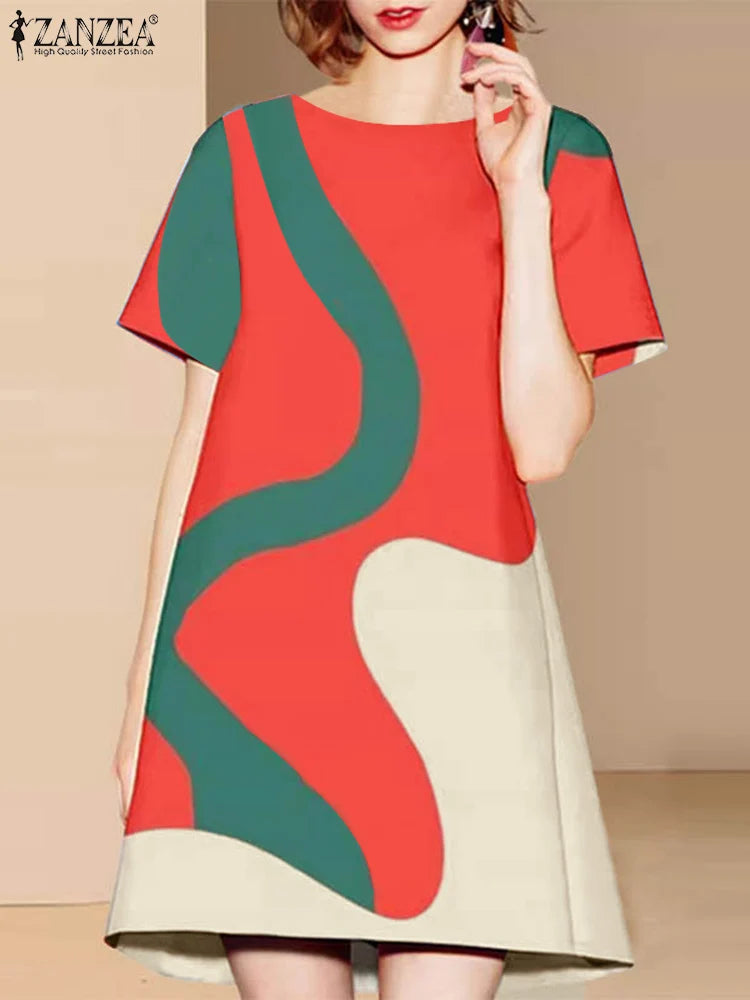 Women Colorful Printed Sundress Round Neck Short Sleeves