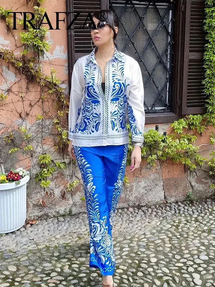 Women's Vintage Printed Casual Set with Long Sleeve Blouse and Straight Leg Pants