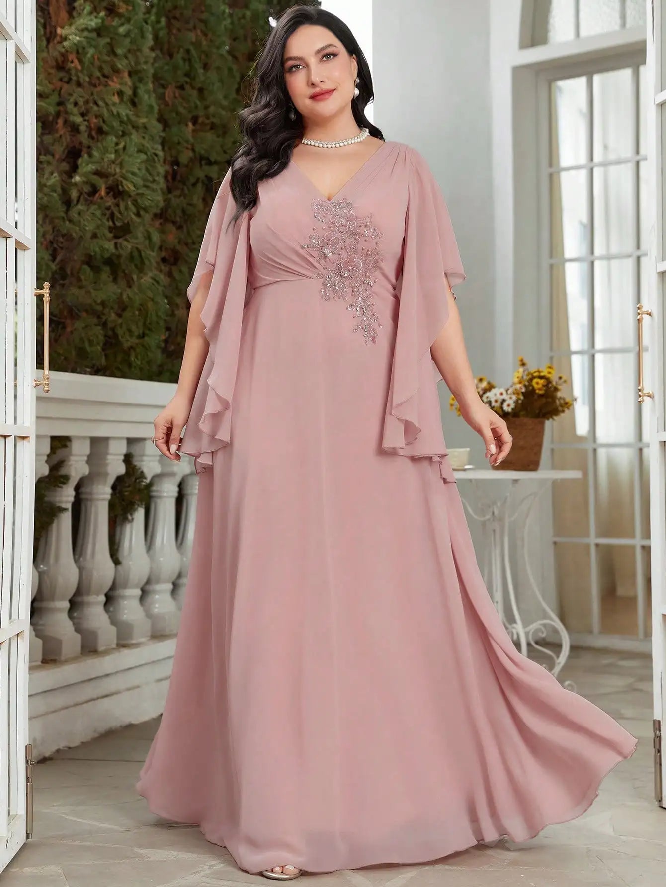 Dusty Pink Chiffon Bridesmaid Dress With Rhinestones