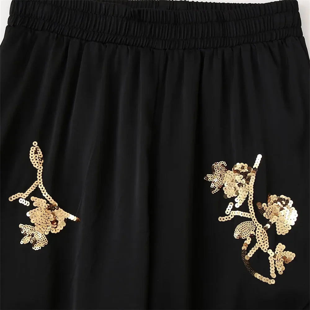 Women's Satin Texture Sequin Embroidered Shirt and High Waist Long Pants Set