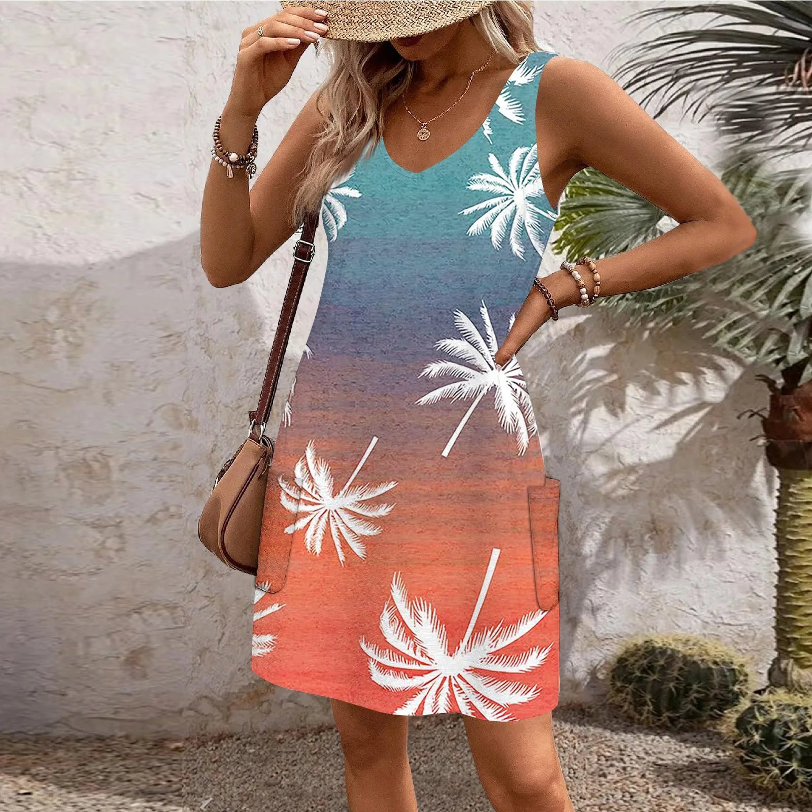 Boho Sundress With Pockets Summer Beach Dress V Neck