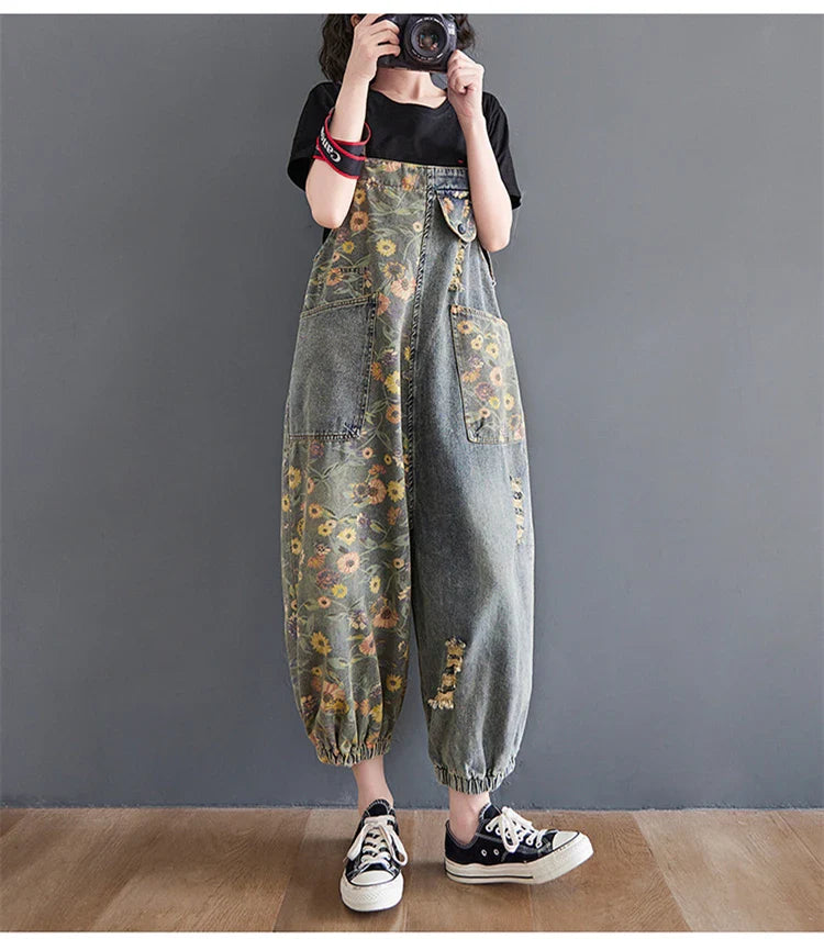 Casual Oversized Floral Print Denim Overalls for Women Loose Wide Leg Mom Jeans Romper Jumpsuit with Cargo Straps Baggy Pants