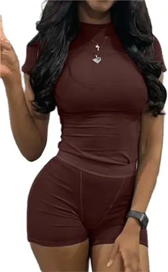 Casual Workout Two Piece Set for Women Fitted Crew Neck T-Shirt with High Waist Pants Matching Streetwear Outfit