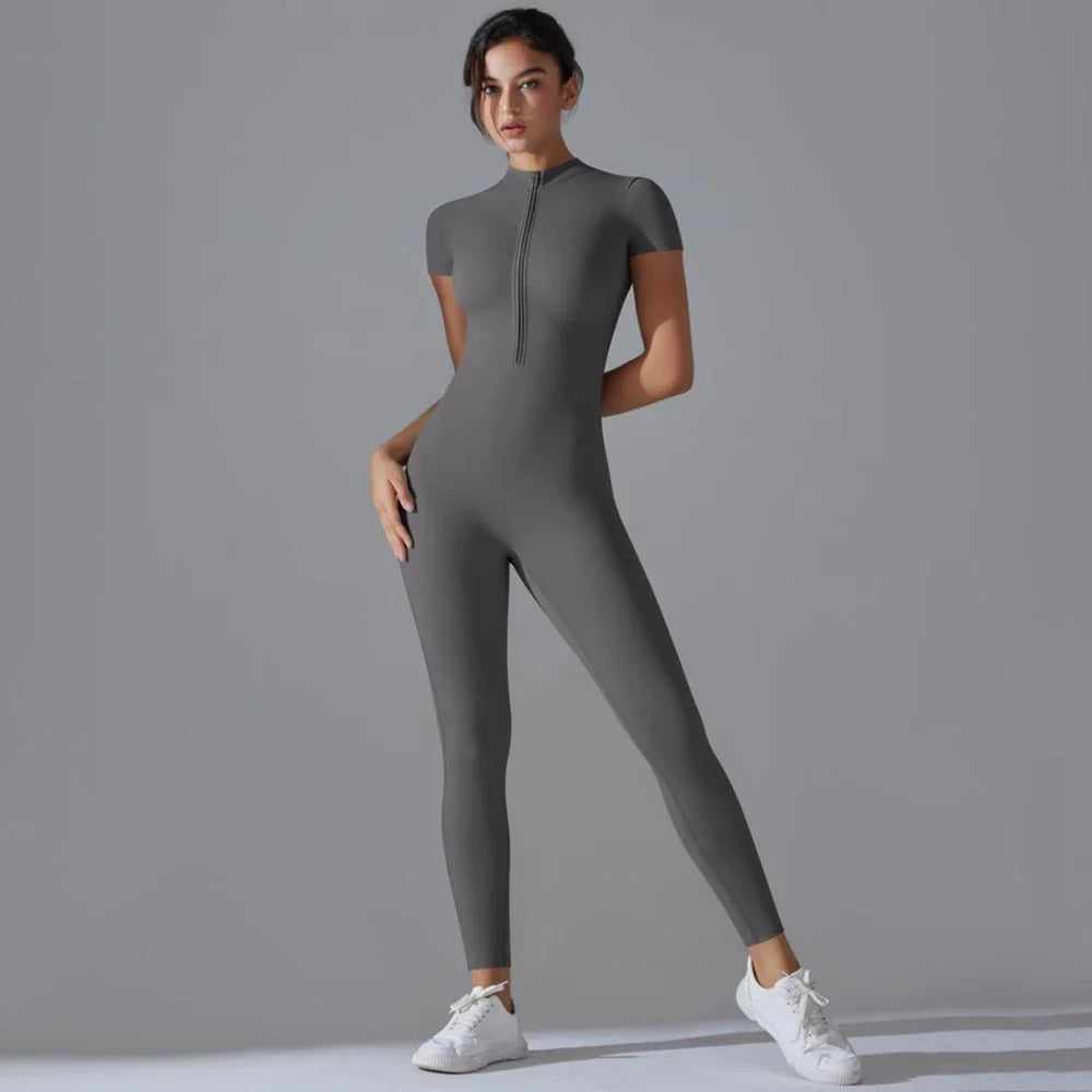 Womens Short Sleeve Yoga Jumpsuit Slim Fit Stretch One Piece Romper with Front Zipper Sexy Fitness Activewear Basic Sportwear in Black