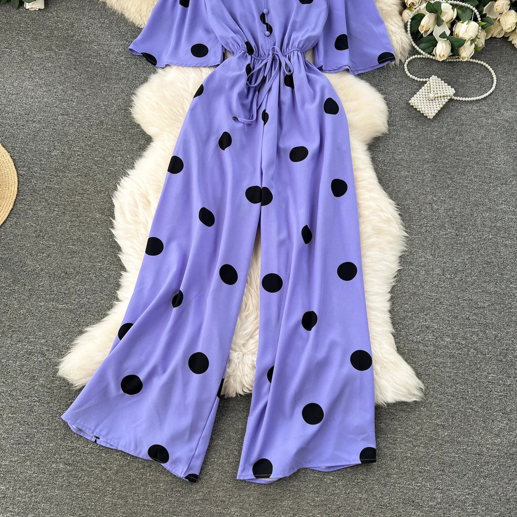 Women Wide Leg Polka Dot Jumpsuit with V Neck Dolman Sleeves and Slim Waist Design