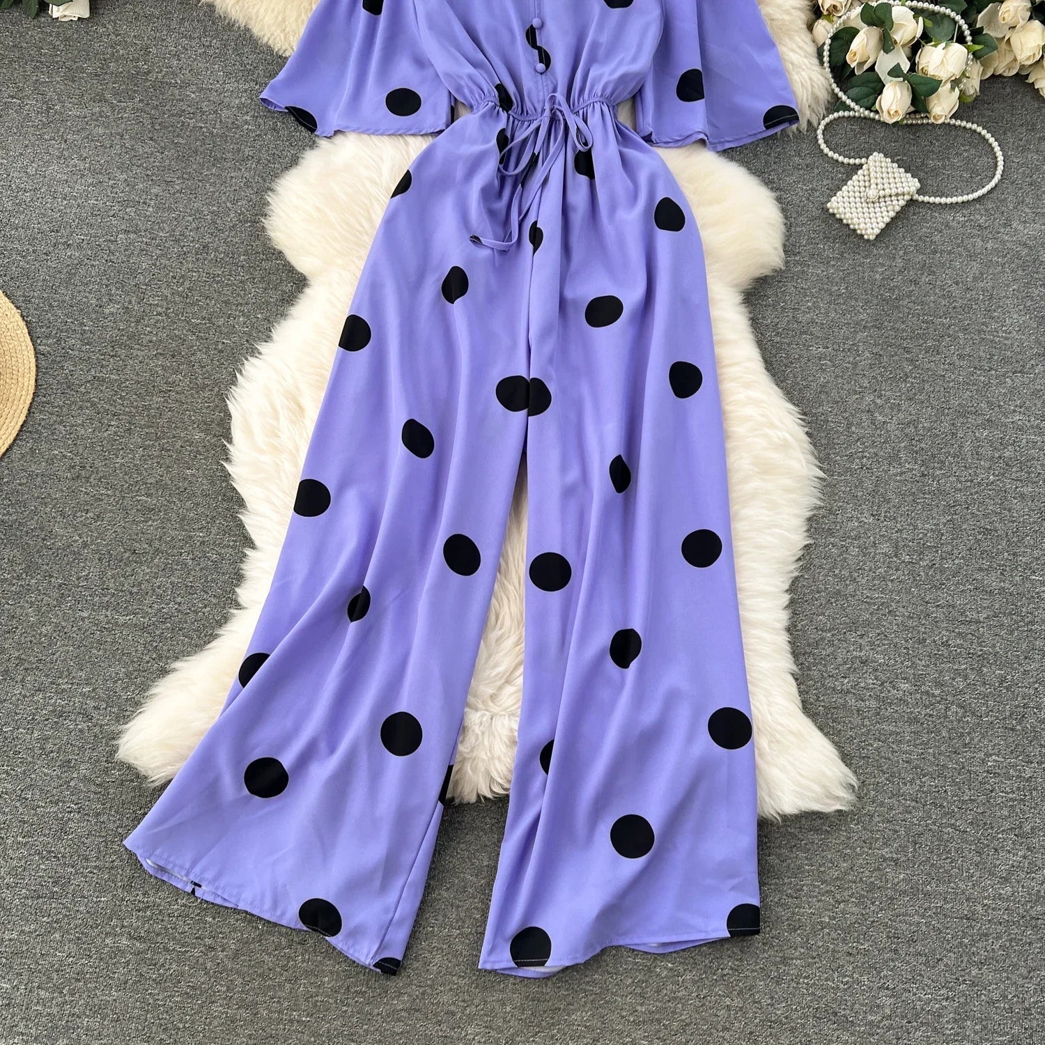 Women Wide Leg Polka Dot Jumpsuit with V Neck Dolman Sleeves and Slim Waist Design