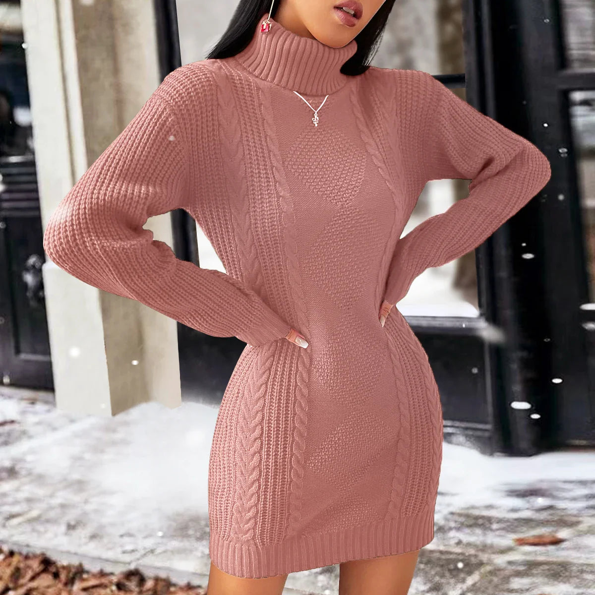 Women Turtleneck Sweater Dress Long Sleeve Winter Outfit