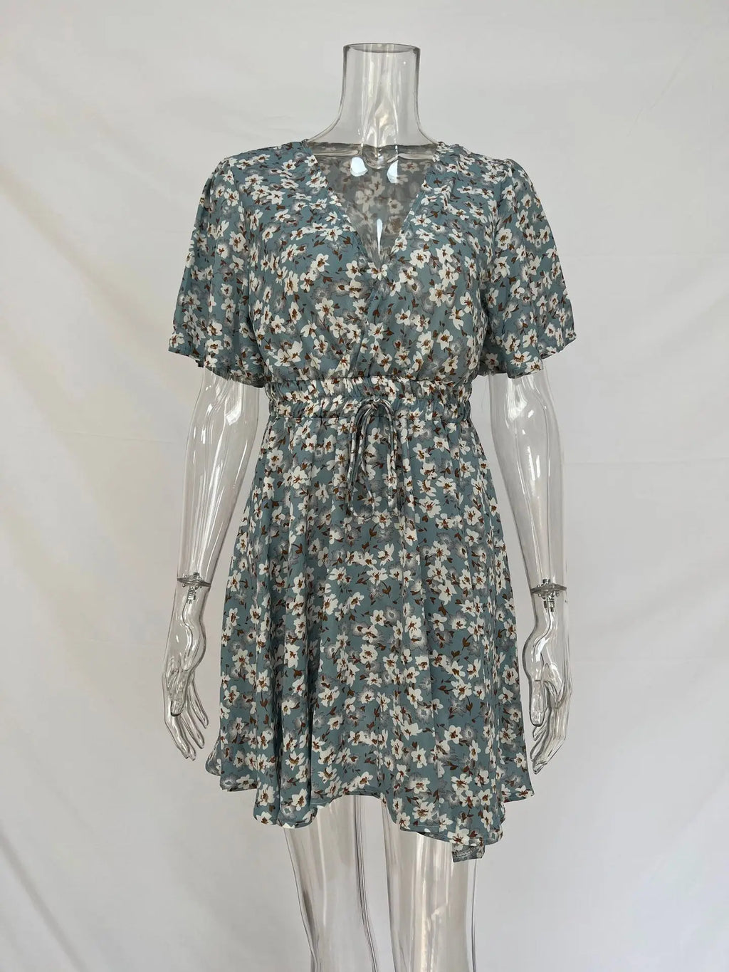 Summer Floral Dress With Bubble Sleeves V Neck A Line