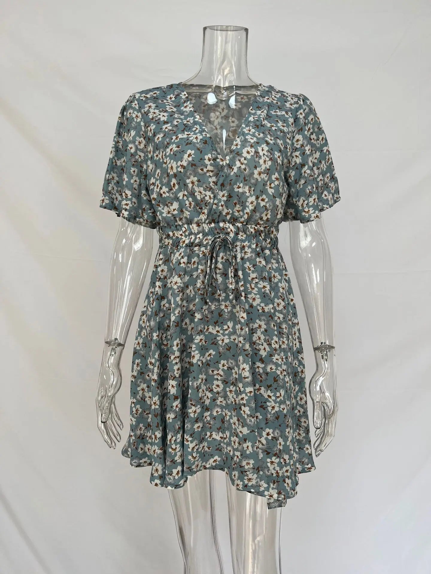 Summer Floral Dress With Bubble Sleeves V Neck A Line