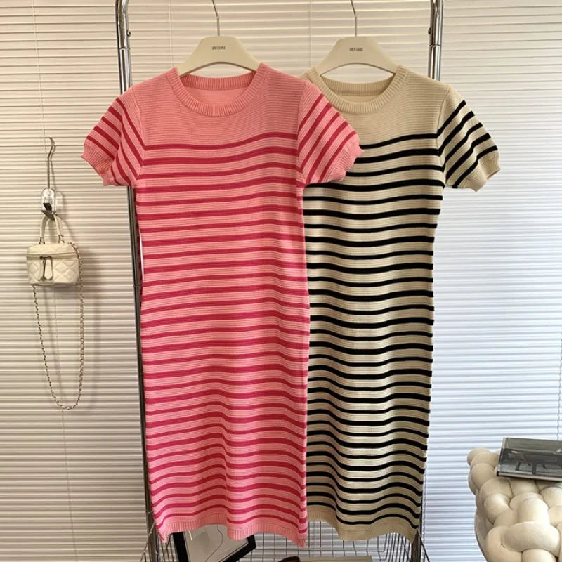 Summer Knit Bodycon Dress O Neck Short Sleeve Stripe Print
