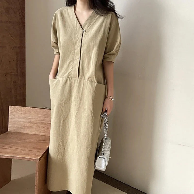 Korean Puff Sleeve Dress With Pockets High Waist V Neck