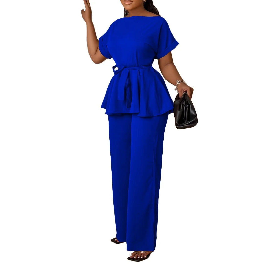 Women's Elegant 2 Piece Pants Set with Solid Blouse Short Sleeve O Neck and Long Trousers