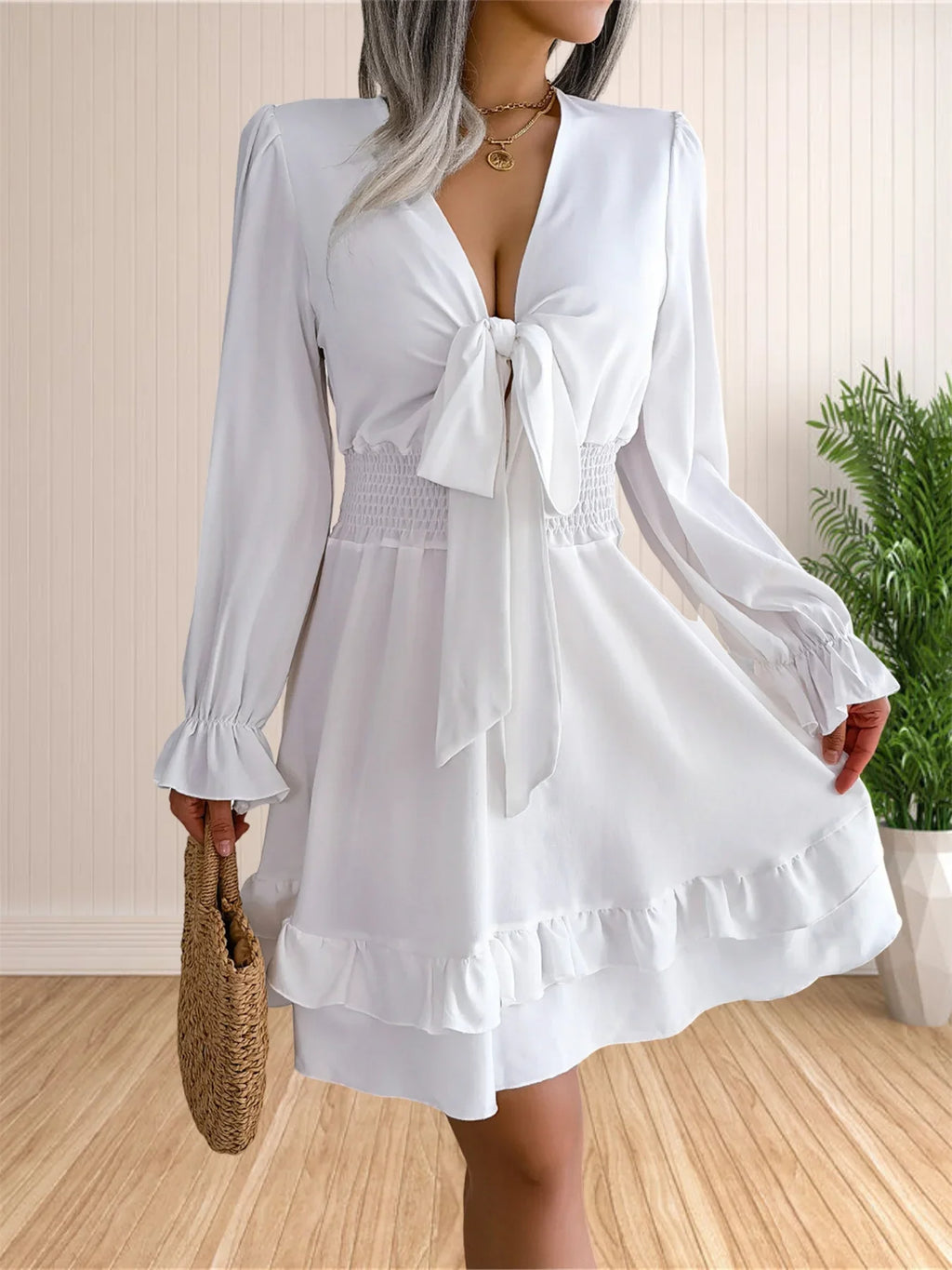 Womens V Neck Knot Front Smocked Waist Tiered Skater Dress