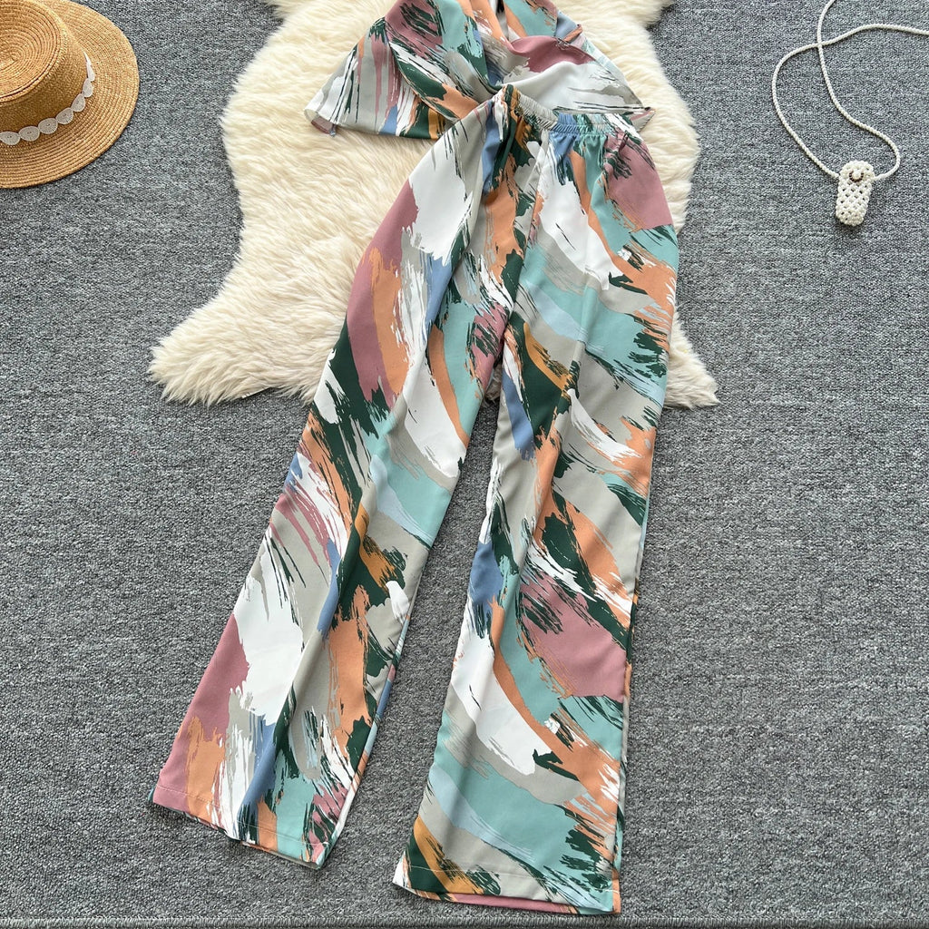 Printed Women Summer Fashion Two Piece Set with Short Sleeve Top and Wide Leg Long Pants for Casual Streetwear Outfits