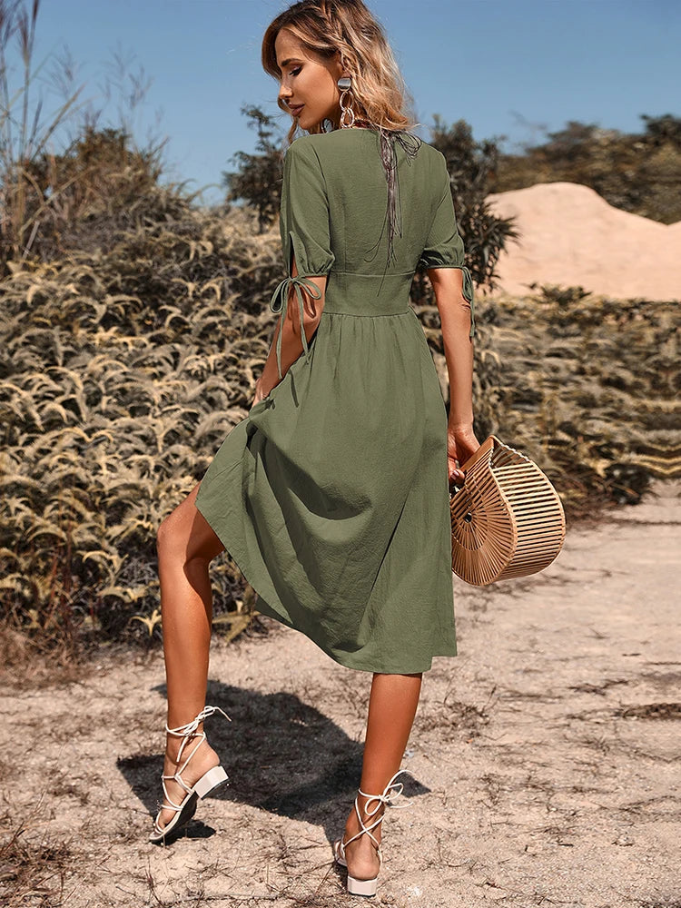 Women's V Neck Button Down Midi Dress Aline Sundress