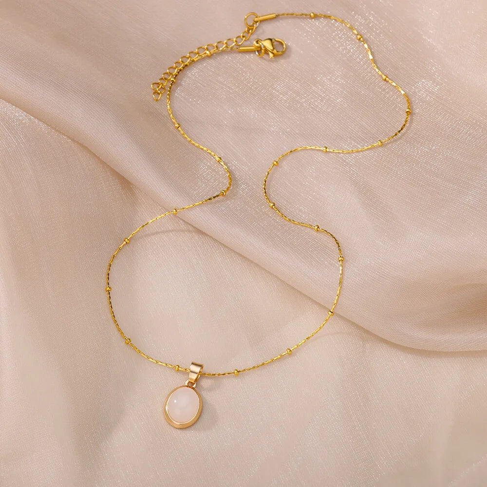 Gold Color Opal Oval Necklace for Women Stainless Steel Pendant Jewelry Gift