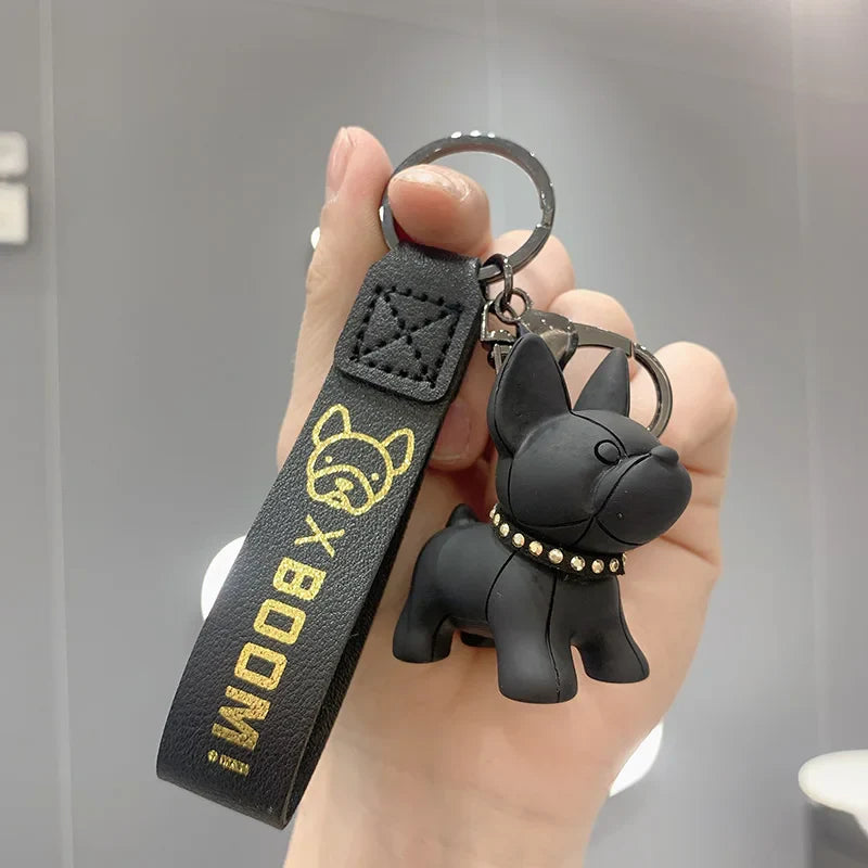 Punk French Bulldog Keychain PU Leather Dog Bag Pendant for Women and Men Car Key Ring