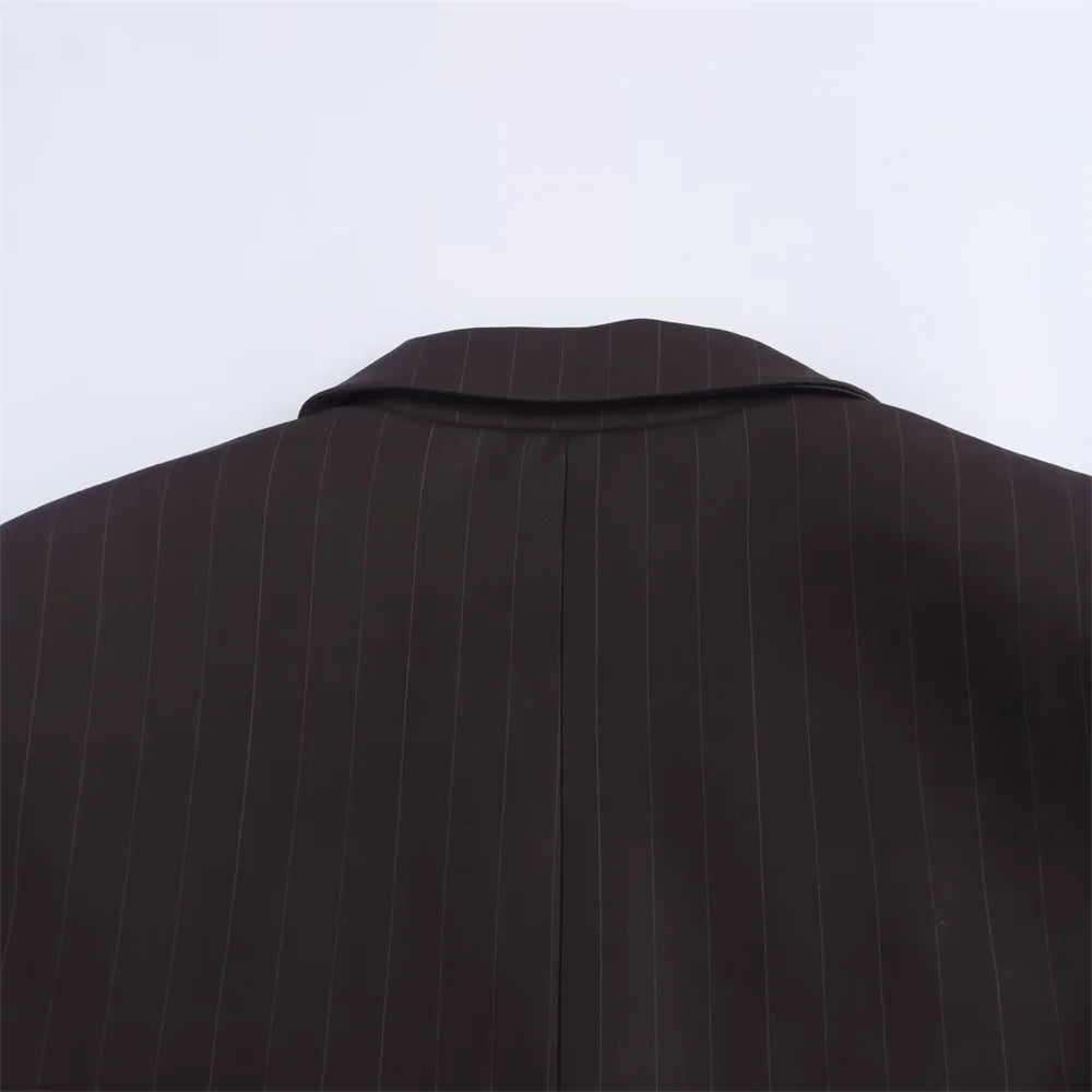 Autumn Women's Fashion Striped Loose Suit Coat with Buckle Decoration and High Waist Striped Pants Set