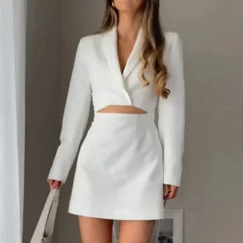 Hollow Out Mini Dress With Lapel Hidden Zipper High Waist