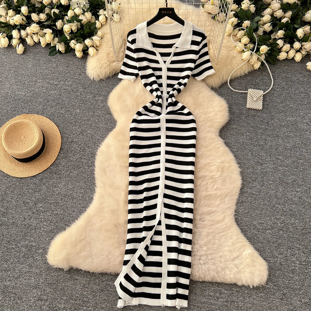 Women Striped Knitted Bodycon Maxi Dress for Summer