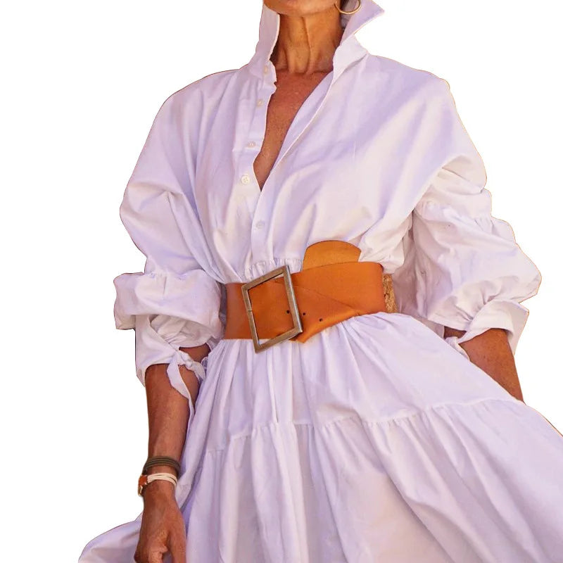 Women Casual Front Button Shirt Dress With Belt Longsleeve
