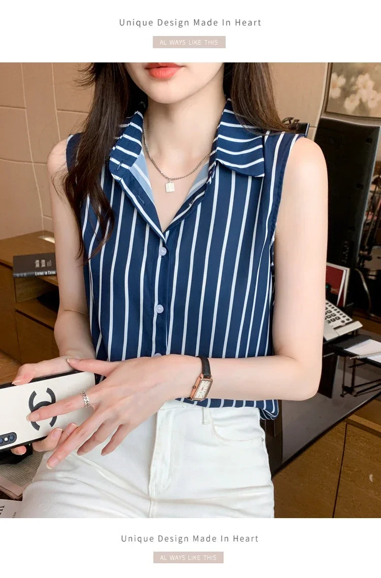 Striped Sleeveless Chiffon Blouse for Women Summer Vest Casual Lightweight Tops Basic White Shirt
