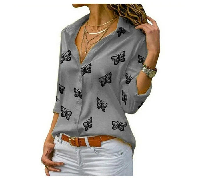 Elegant Women Butterfly Print Loose Fit Long Sleeve Blouse with Turn Down Collar Casual Oversized Office Shirt for Spring and Autumn