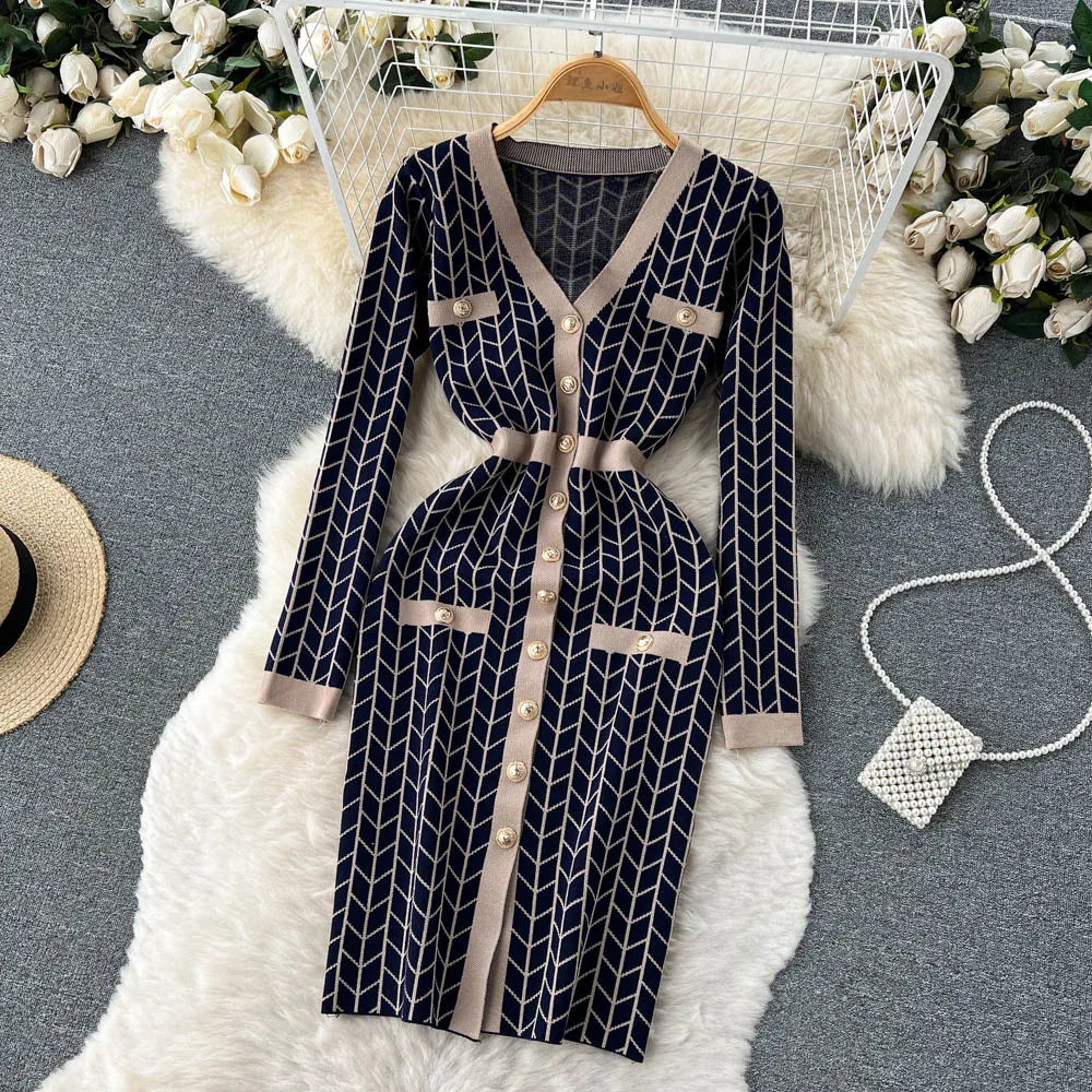 Autumn Plaid Knit Dress Women V Neck Elastic Waist Midi