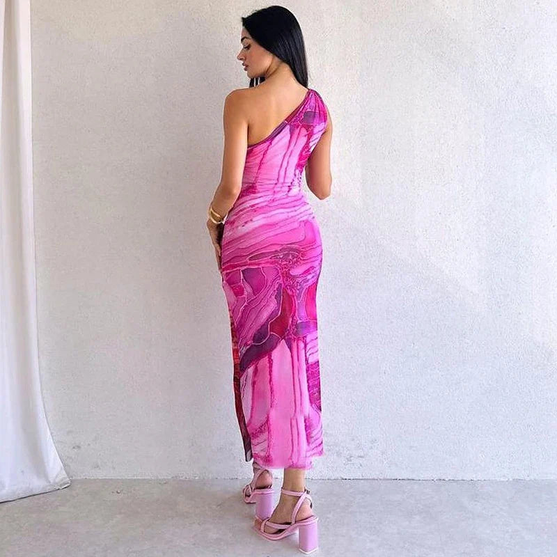 One Shoulder Backless Gradient Print Dress For Party