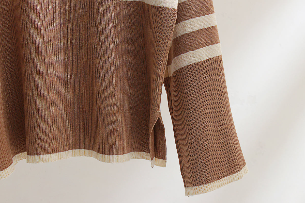 Cozy Winter Oversized Stripe Knit Two-Piece Sweater Set with Warm Turtleneck Pullover and Long Sleeve Casual Autumn Lounge Wear