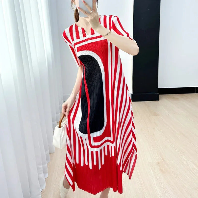 Pleated Striped Dress For Women O Neck Short Sleeve