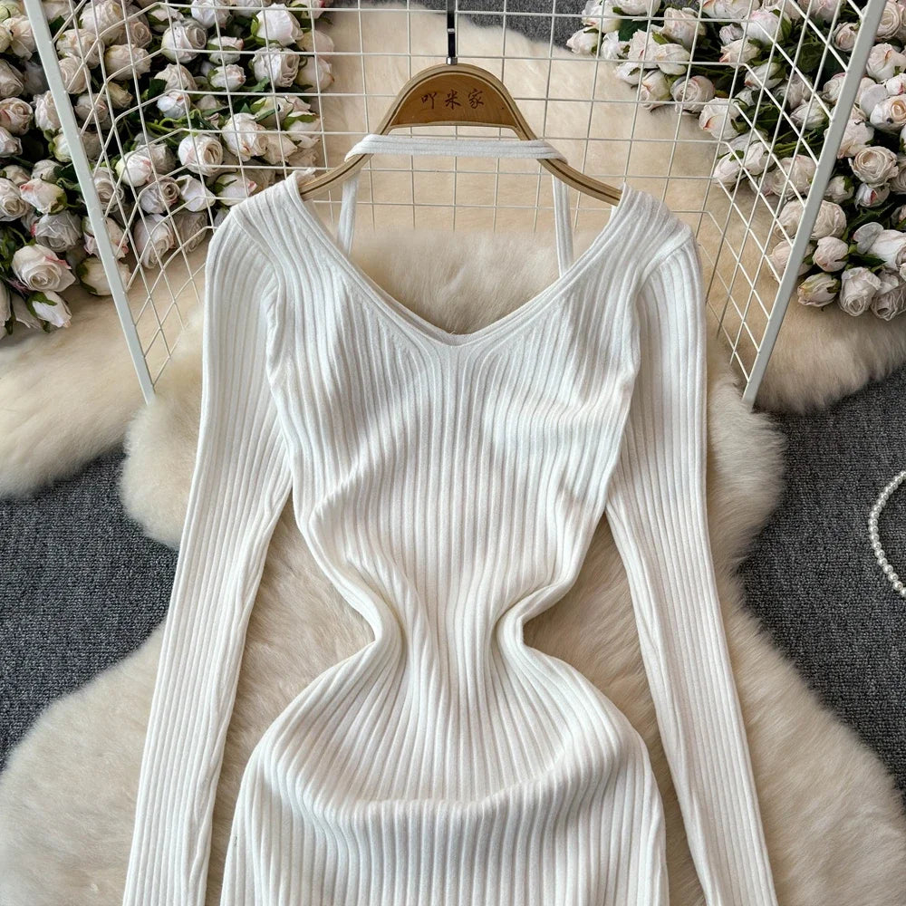 White Long Sleeve V Neck Lace Up Elegant Dress For Women