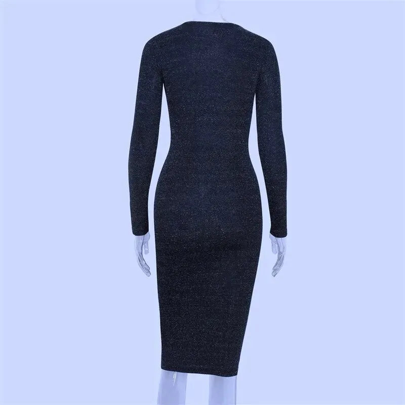 Black Midi Dress Long Sleeve Party Evening Streetwear