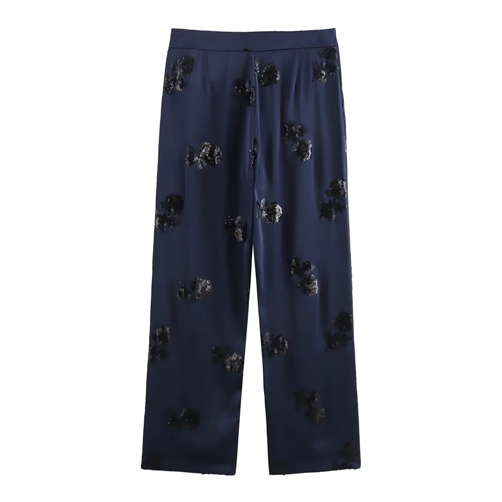 Sequin Lace Up Kimono Coat Beaded Silk Pants Set Two Piece