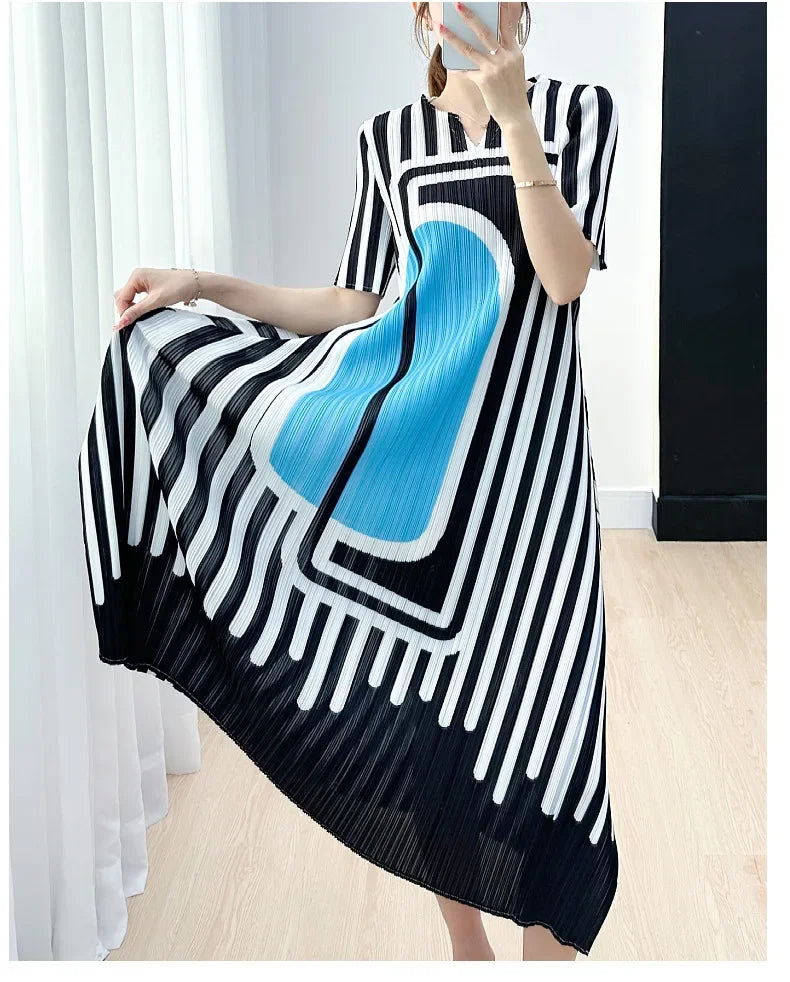 Pleated Striped Dress For Women O Neck Short Sleeve