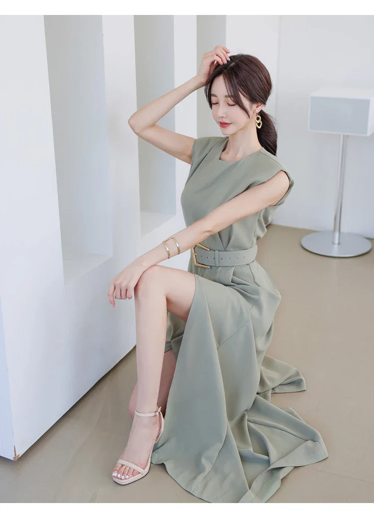 Elegant Women's Business Jumpsuit O-Neck Wide Leg Split Trousers Long Casual Workwear Romper