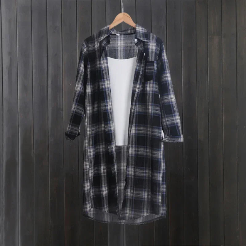 Women's Plaid Long Sleeve Shirt Vintage Button-Up Blouse Casual Lightweight Summer Top