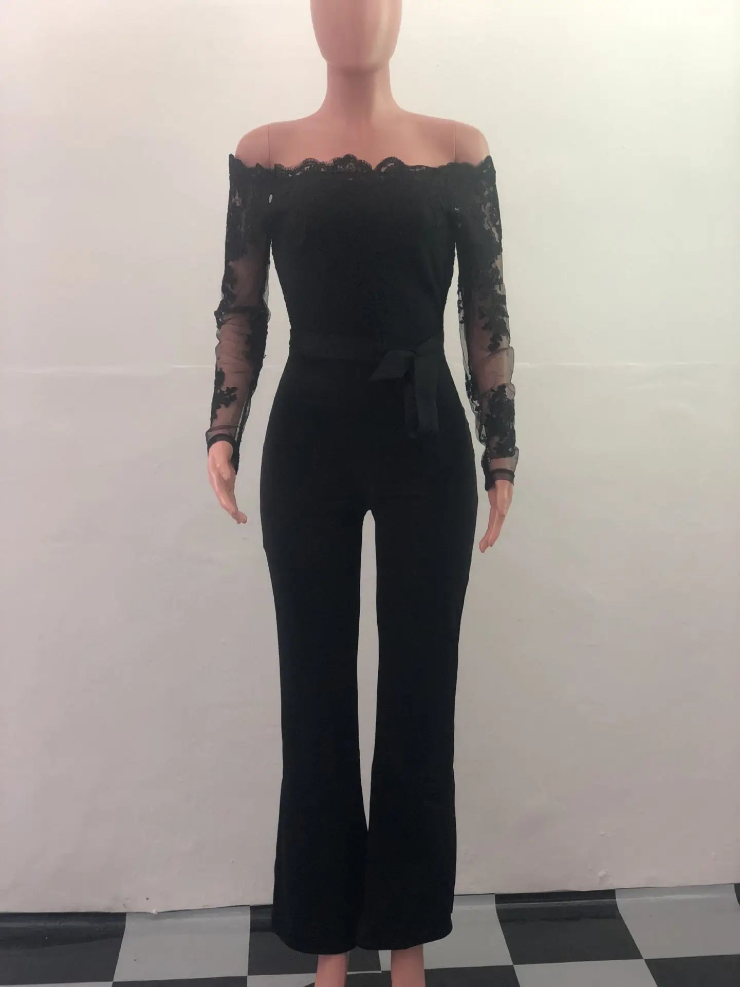 Appliques Lace Patchwork Off Shoulder Jumpsuit for Women with Slash Neck Long Sleeve and Elegant Wide Leg Pants Party Overalls
