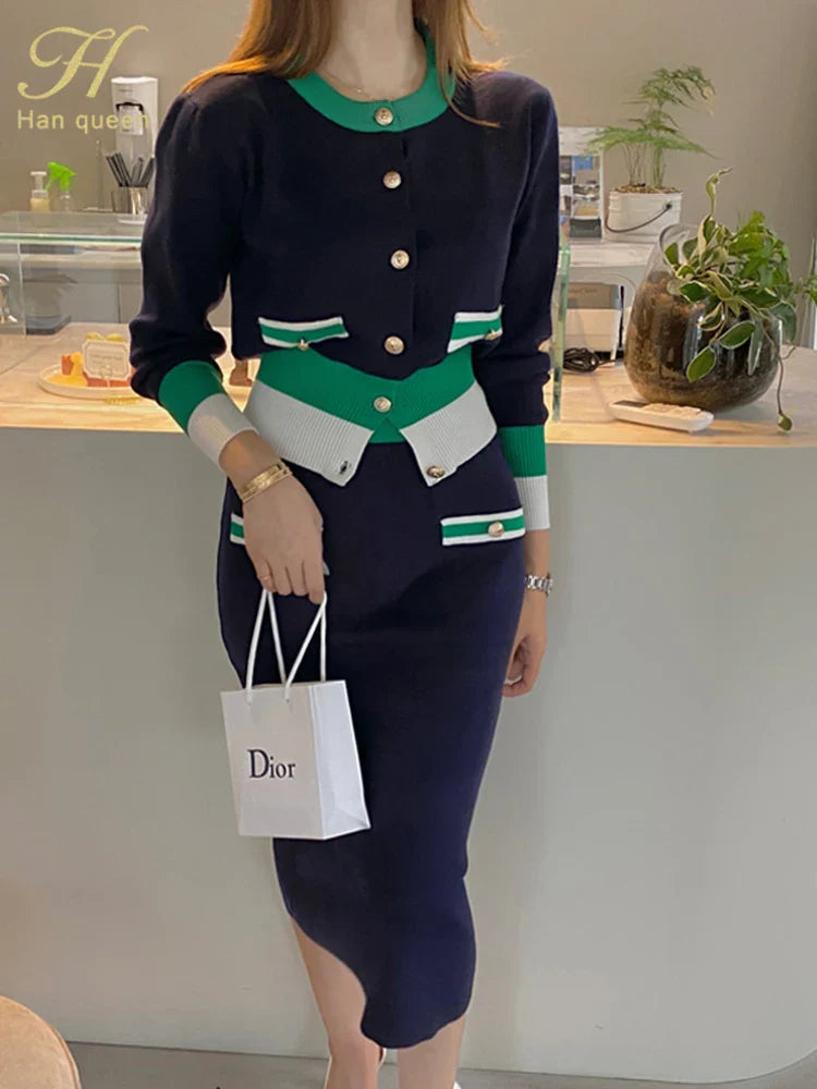 Two Piece Color Block Knitted Pencil Dress Set For Women