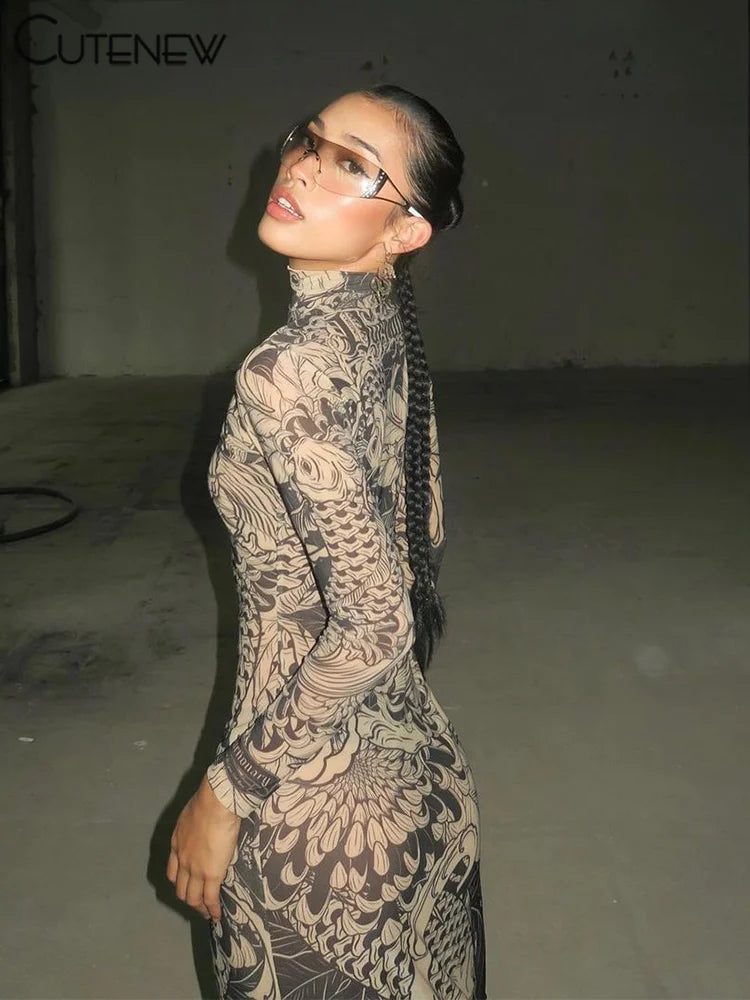 Elegant Long Sleeve Printed Maxi Dress With O Neck