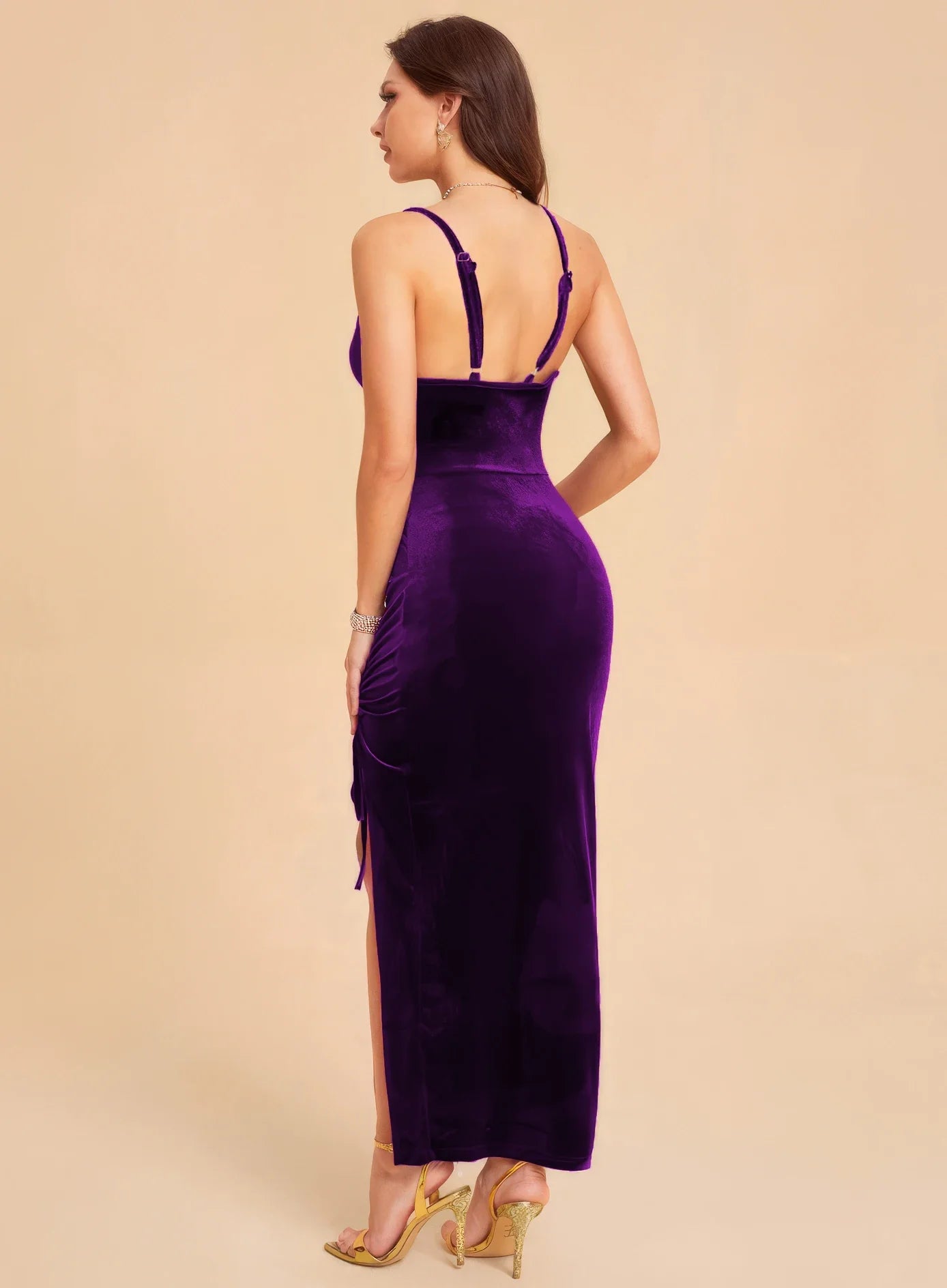 Sexy Velvet Suspender Dress With Side Slit Drawstring