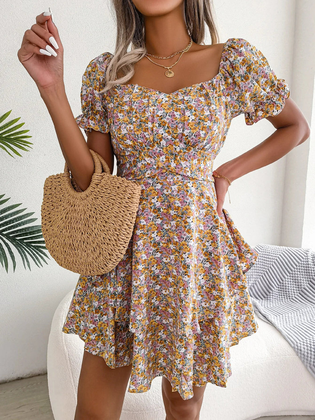 Floral Print Pleated Dress For Women Knee Length Summer