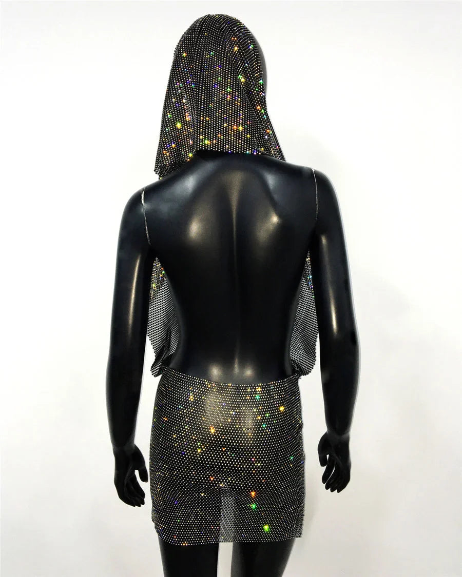 See Through Mesh Dress Rhinestone Bandana Headwrap