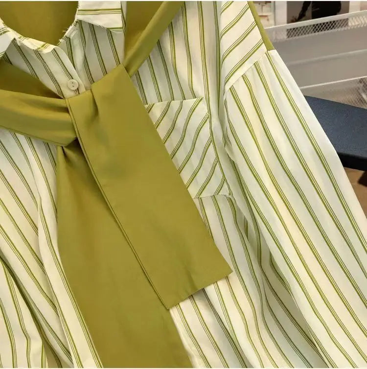 Chic Casual Fake Two Piece Long Sleeve Stripe Shirt for Women Stylish Matching Blouse Top